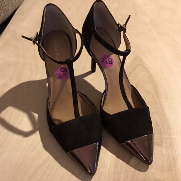 Calvin Klein Shoes - Calvin Klein 4 inch t-strap heel in sumptuous chocolate suede w/a copper toe 8.5